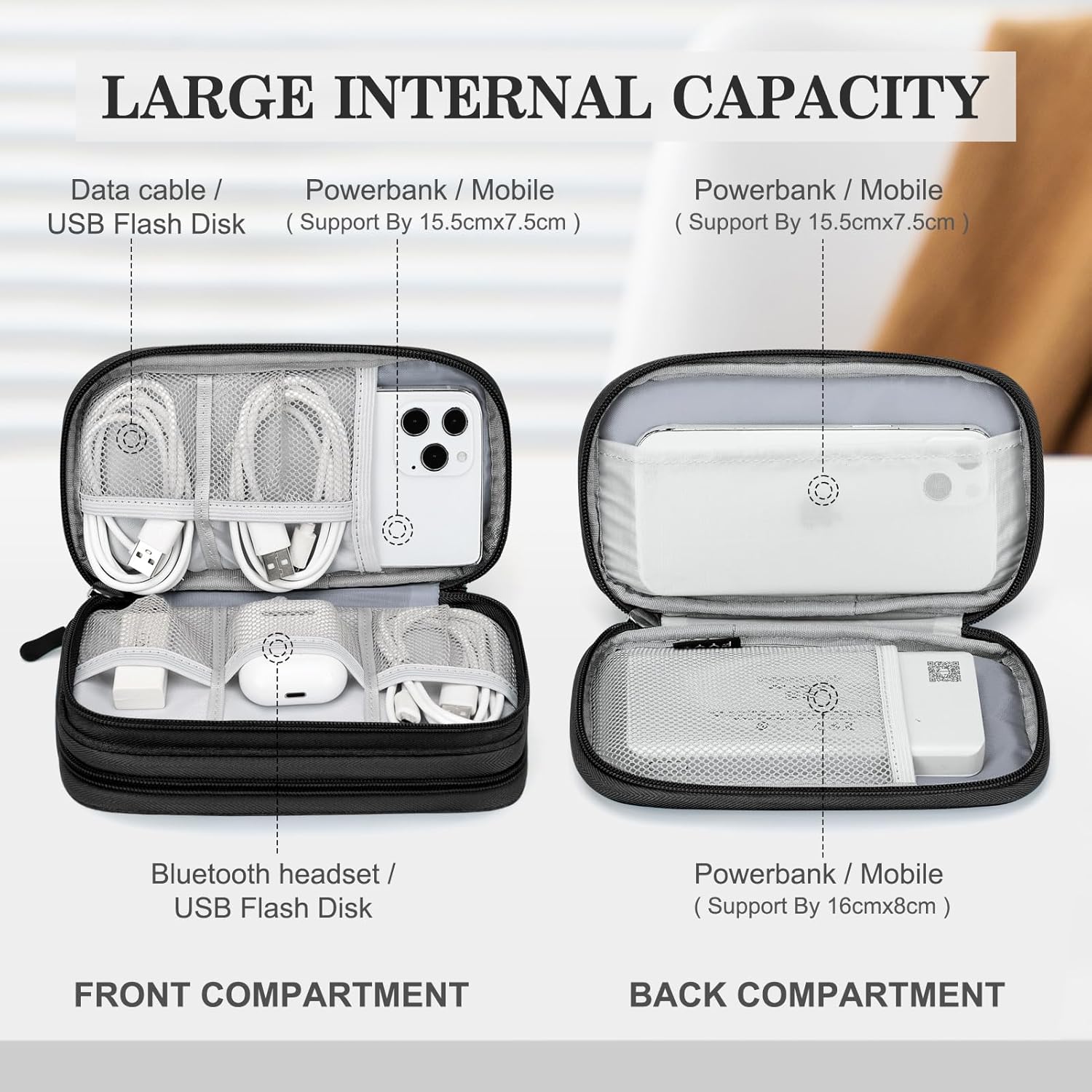 FYY Travel Cable Organizer Pouch Electronic Accessories Carry Case Portable Waterproof Double Layers All-in-One Storage Bag for Cord, Charger, Phone, Earphone Black - Image 3