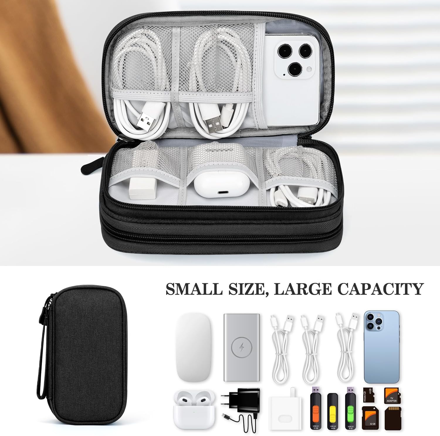 FYY Travel Cable Organizer Pouch Electronic Accessories Carry Case Portable Waterproof Double Layers All-in-One Storage Bag for Cord, Charger, Phone, Earphone Black - Image 6