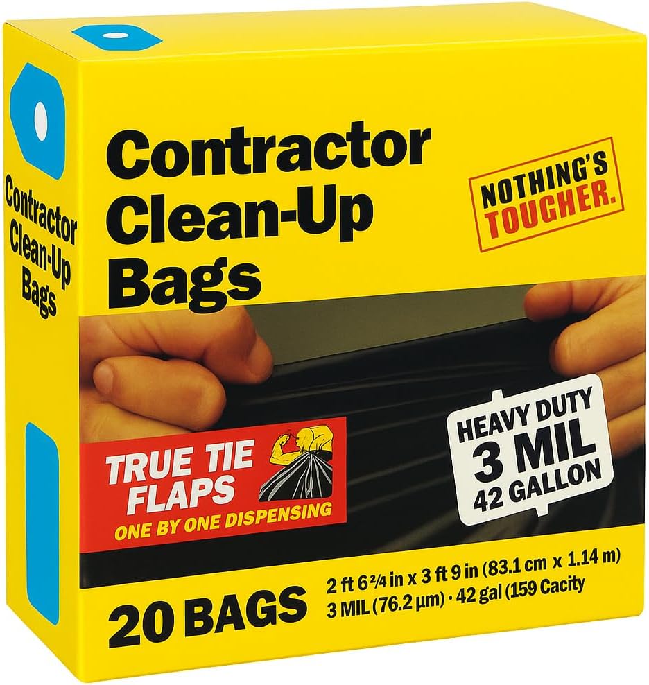 HK42WC020B 42-Gallon Polyethylene Resin Contractor Clean-Up Bags, 20 Count, 2 ft 8.75in L x 3 ft 9.13 in W x 3 mil T, Black